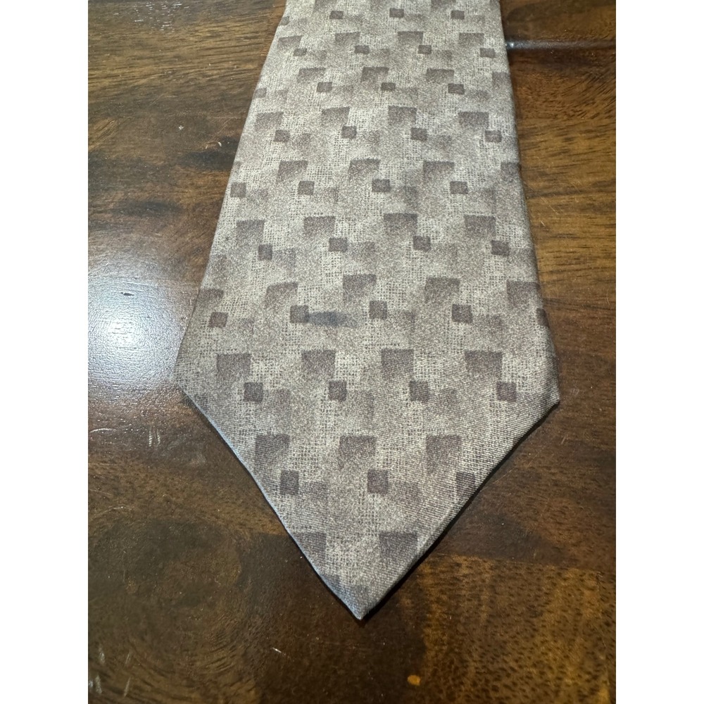 Henry Grethel Mens Silk Tie Geometric Square Pattern Taupe Brown Extra Long